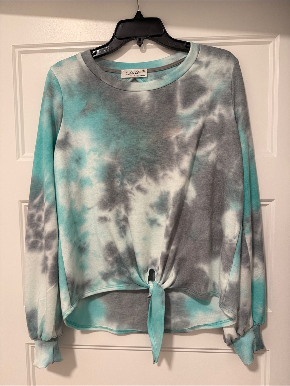 Lulumari Teal & Gray Tie-Front Long Sleeve Tie-Dye Top